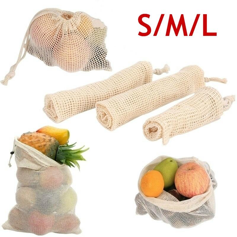 S / M / L Многоразовая сумка для продуктов, которую можно стирать, экологически чистая, натуральная хлопковая сетчатая сумка
