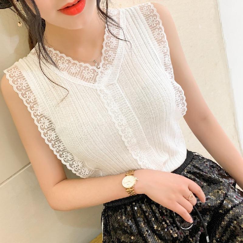 Sweet V-neck Hollow Lace Knit Small Vest Female Korean Version Slim-fit Outside Wear Inside Sleeveless Blouse Base Small Shirt