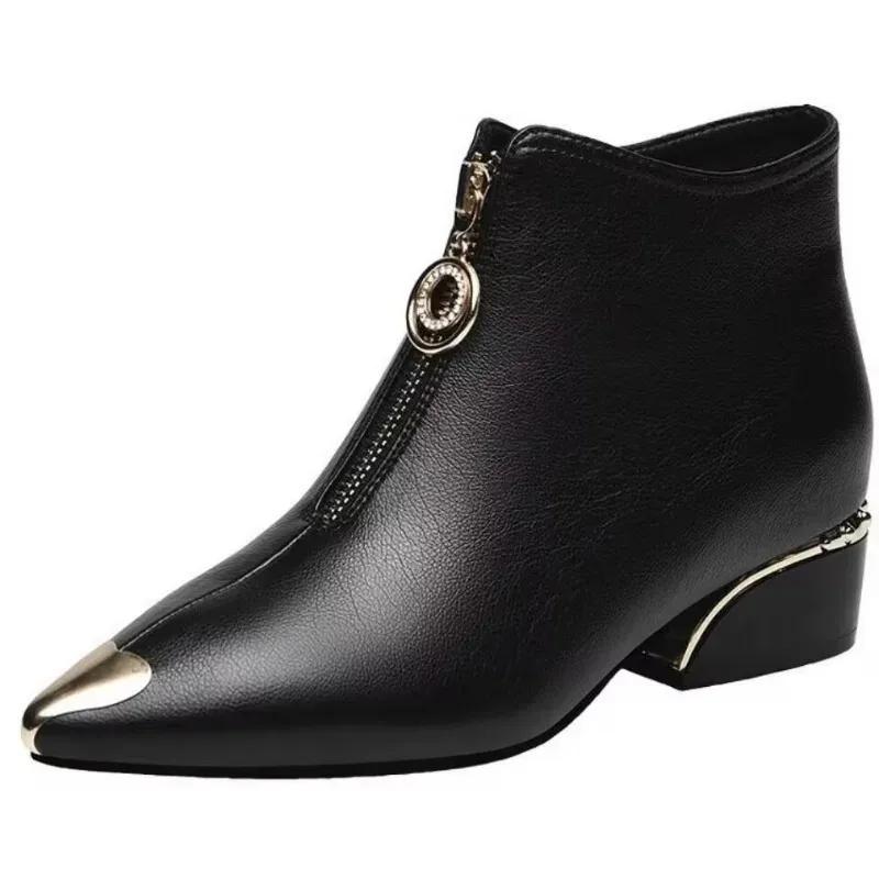Роскошные женские ботильоны с острым носком, массивные кожаные туфли на молнии, женские зимние туфли-лодочки 2025 года, модные зимние туфли-лодочки Chelsea Botas Mujer