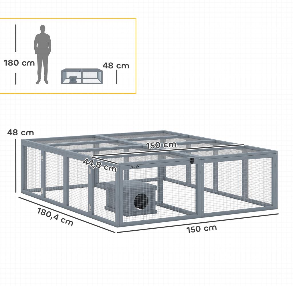 Free-Range Enclosure Rabbit Hutch Made of Wood with 2 Doors, Shelter House for 2-4 Dwarf Rabbits, 180.4 x 150 x 48 cm, Gray