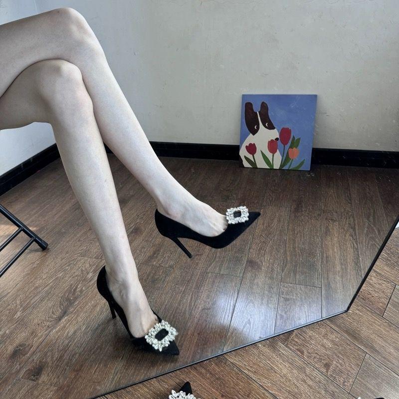 2025 Autumn New Black Suede Rhinestone Square Buckle Thin Heel Sexy Shallow Mouth Professional High Heels Women's Pointed Women's Single Shoes