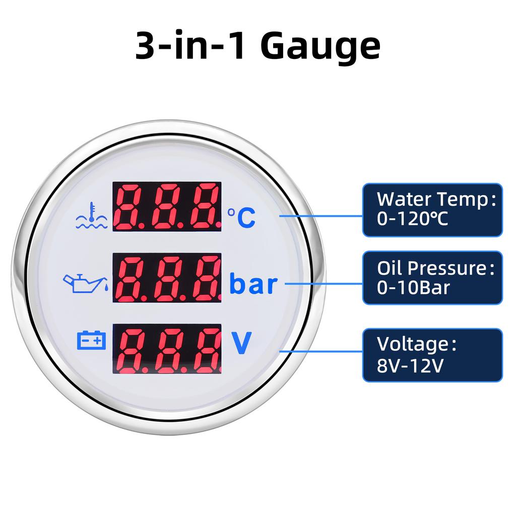 52 мм Цифровой 3 в 1 Водонепроницаемый Автомобильный Морской Датчик Для 12В24В Температура Воды Давление Масла Вольтметр Уровень Топлива С Сигналом Тревоги