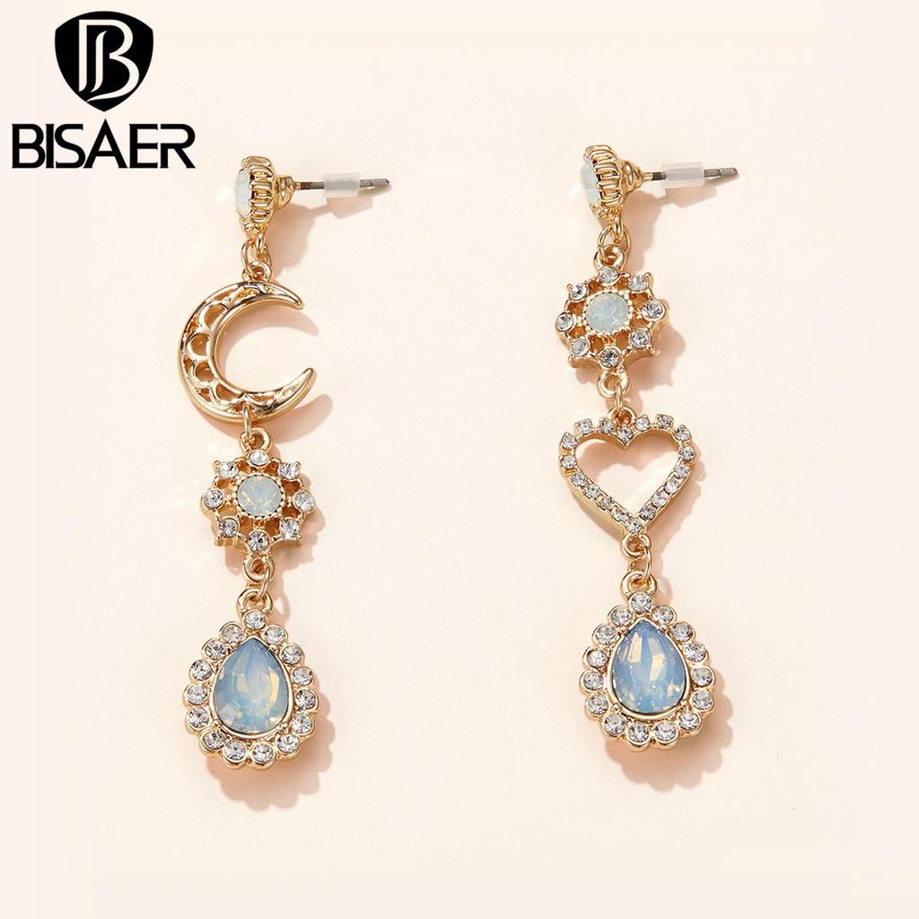 Bisaer Asymmetric Love & Moon Rhinestones Stud Earring for Ladyies Gentle Jewelry