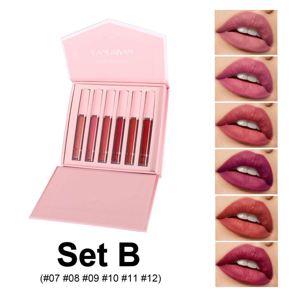 HANDAIYAN Lip Glaze Set Liquid Matte Crystal Lipstick Non-stick Cup Non-Fading Jelly Color 6 Lip Gloss Gift Box