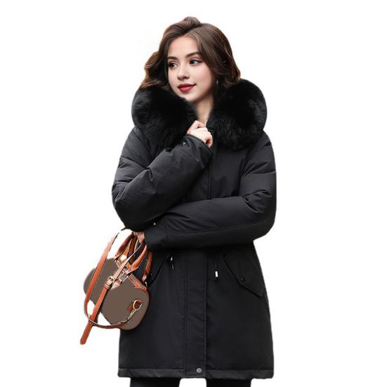 Зимнее пуховое пальто с утолщенным стеганым плюшевым капюшоном, средней длины, ветрозащитными карманами, длинными рукавами, регулируемым шнурком, повседневная верхняя одежда из хлопка, куртка