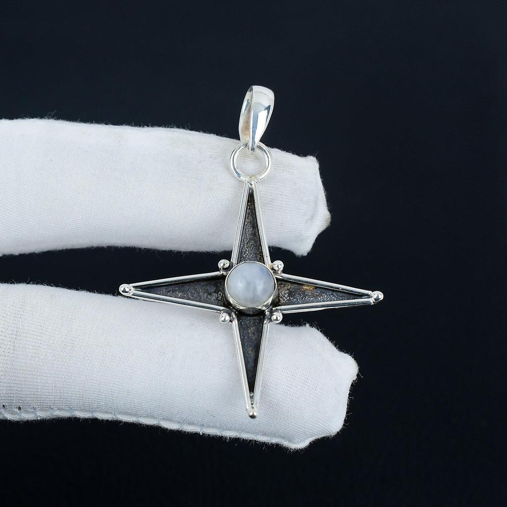 Серебряный кулон с радужным лунным камнем из стерлингового серебра 925 пробы — дизайн звезды ручной работы, повседневные украшения, уникальные дизайнерские подарочные подвески
