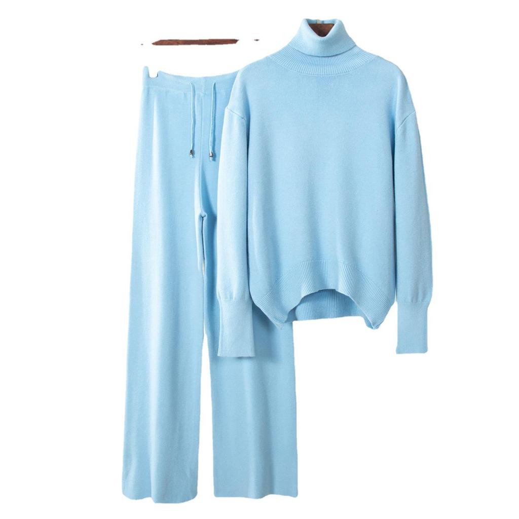 Брючные костюмы из двух предметов, осенне-зимний женский новый свитер с высоким воротом, эластичные широкие брюки с высокой талией, вязаный комплект