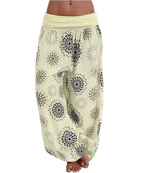 Women's Boho Mandala Print Harem Pants High Waist Fold Over Waistband Loose Wide Leg Long Casual Beach Trousers Summer Holiday Lounge Pants