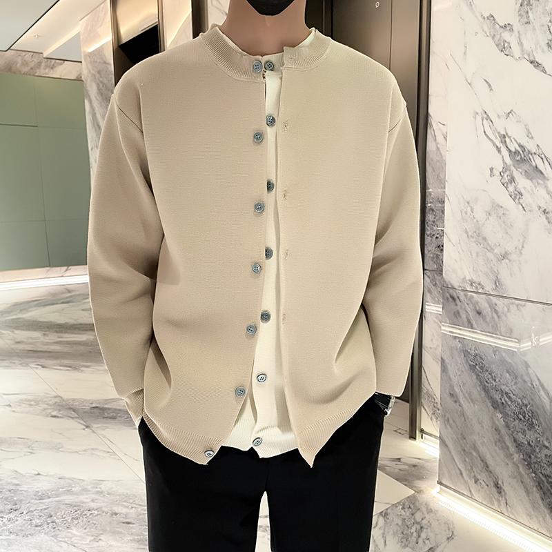 Новый кардиган свитер в американском ретро-стиле, повседневный свободный стиль, круглый вырез, мужской однотонный свитер