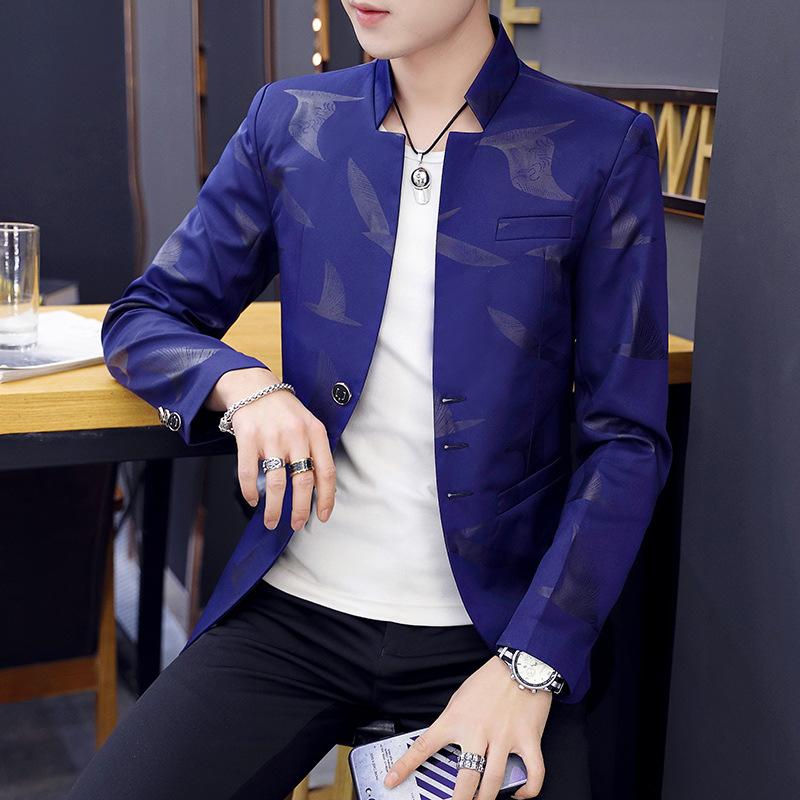 Мужской пиджак с воротником-стойкой и принтом, молодежный повседневный тонкий тонкий пиджак