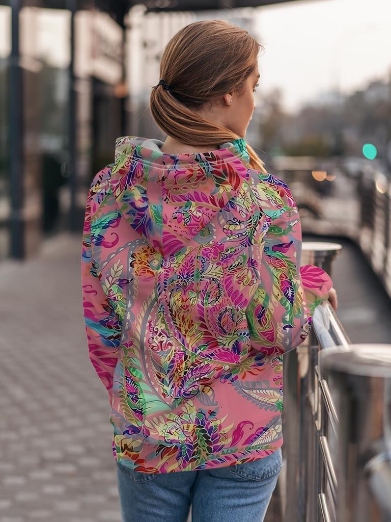 Women's Casual Sweatshirt Pink Bottom Colorful Paisley Swirl Pattern Print Casual Fashion Hooded Sweatshirt