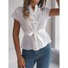 Spring Summer Women's Casual Solid Colour Button Drawstring Short Sleeve Shirt