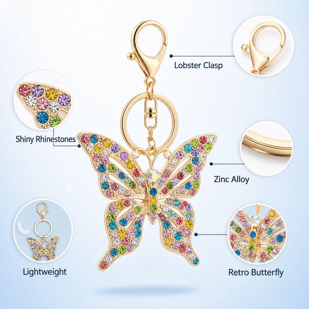 Hollow Butterfly Keychain Retro Style Rhinestone Keychain Butterfly Bag Charm Backpack Accessories