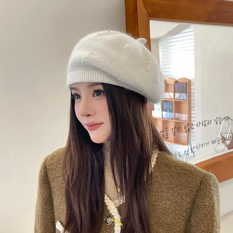 Handmade pearl rhinestone wool beret women's autumn and winter new octagonal painter hat fashion warm bud hat