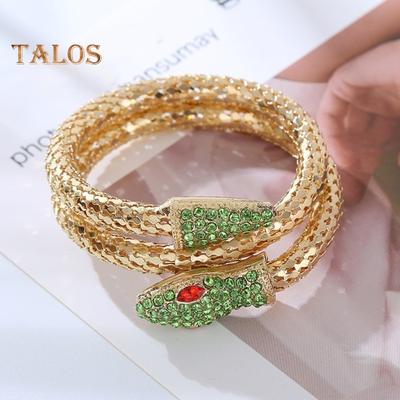 Ретро-браслет в форме змеи, декорированный стразами, регулируемый открытый дизайн, двухслойный полированный сплав, блеск, украшение на запястье на Хэллоуин, Рождество, рука