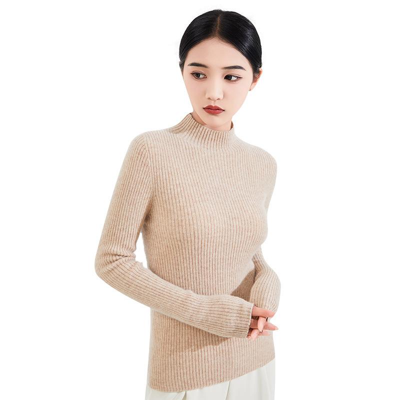 Женская трикотажная нижняя рубашка с полувысоким воротником и топом с длинными рукавами на осень и зиму. Новый женский пуловер-свитер можно носить снаружи