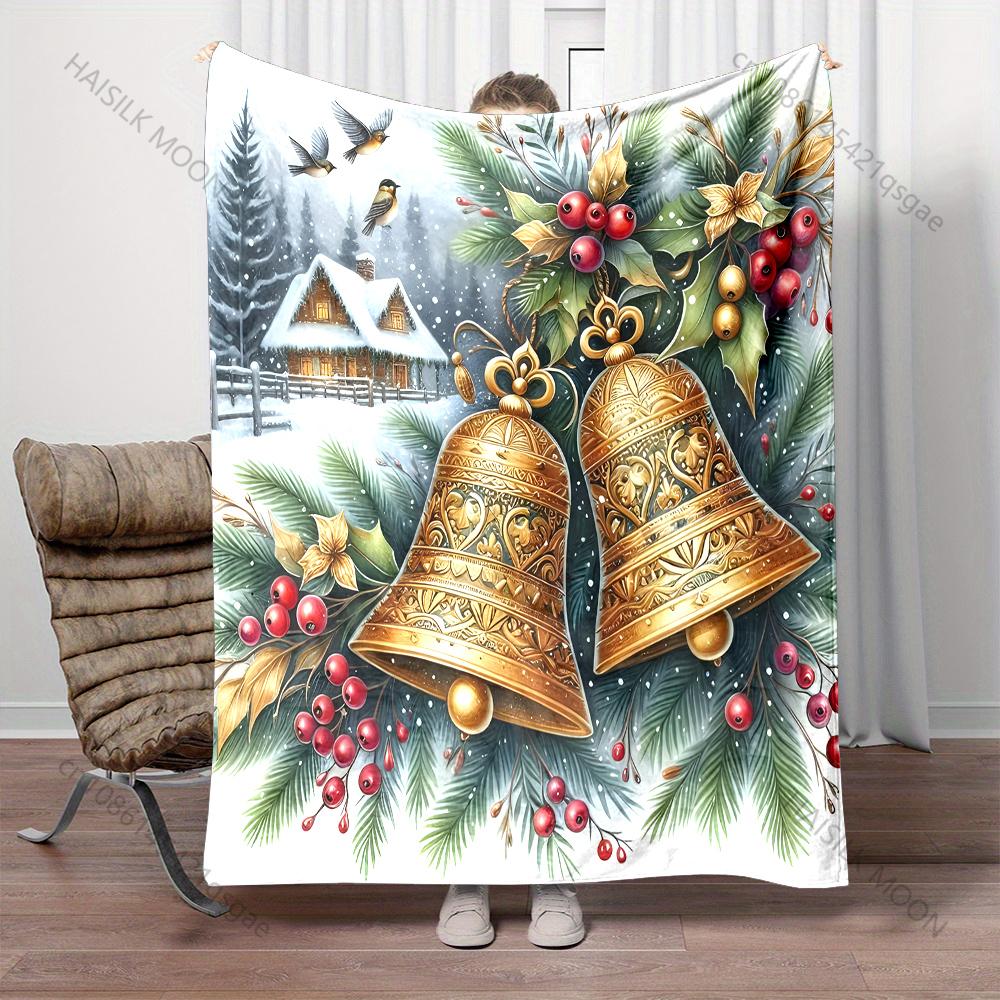 Christmas elements bells pine needles Printed Blanket Warm Soft Fluffy Kids Adults Sofa Bed Throw Blanket for Home Camping Trips