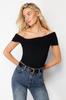 Women's Style Blouse Black Carmen Collar Fitted Stretchy Crop Knitted Blouse