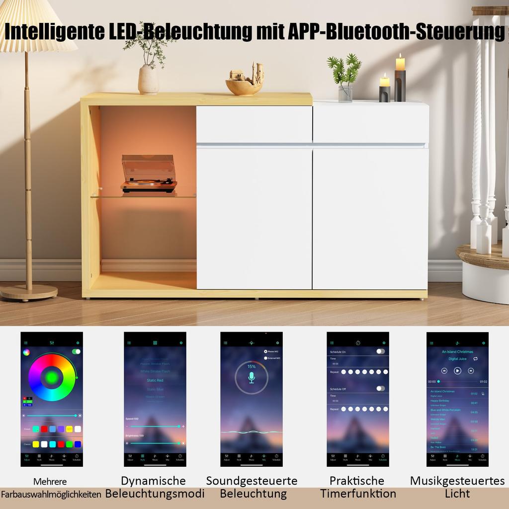 Sideboard Kommode LED 2 Türen & 2 Schublade & Glasregal, Anrichte Highboard Viel Stauraum, Buffets Esszimmer Wohnzimmer, Weiß & Eiche