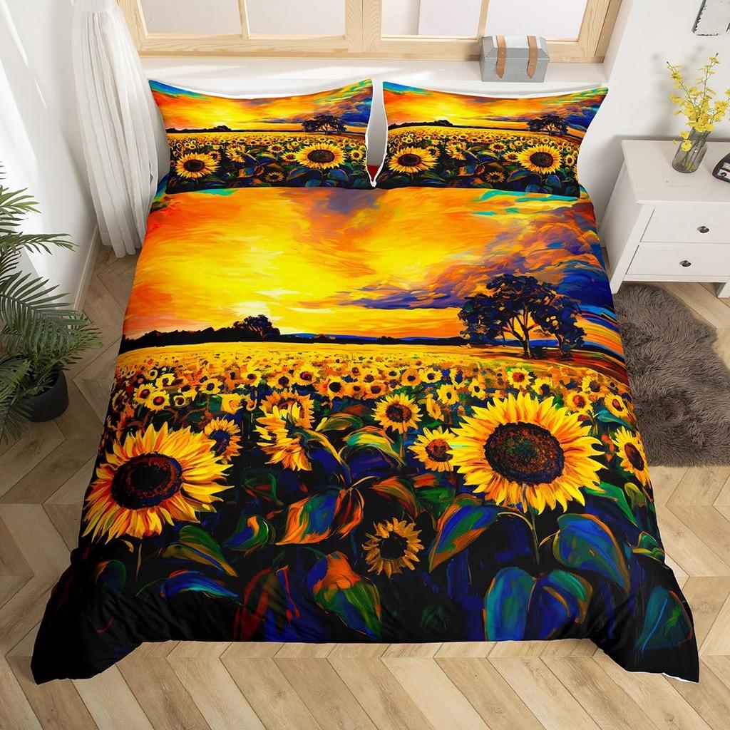 Comforter Yellow Sunflower Queen Blossom Flowers Bedding Set Butterfly Floral Print Comforter Nature Theme Bedroom Decor