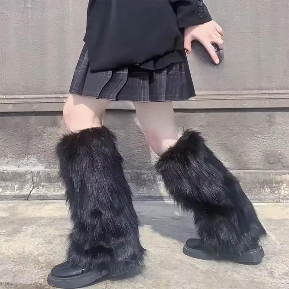 1pair Solid Color Faux Fur Leg Warmers Thick Long Fuzzy Foot Covers Warm Knee Sleeve  Winter Season