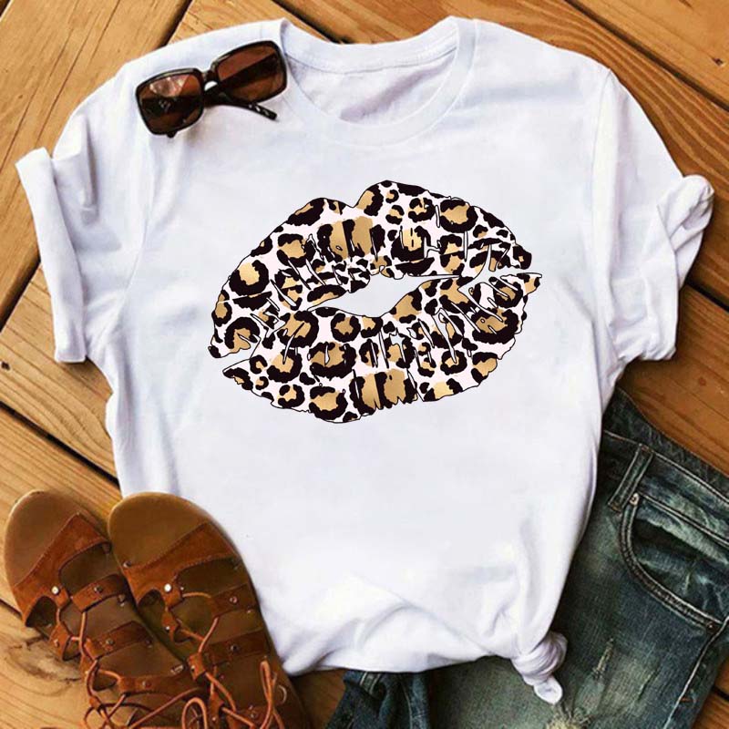 New Unisex Pink Lips Leopard Graphic T Shirt Casual Fahion Oneck Sexy Black Tees Kiss Lip Funny Girls Tshirtdrop Shipping