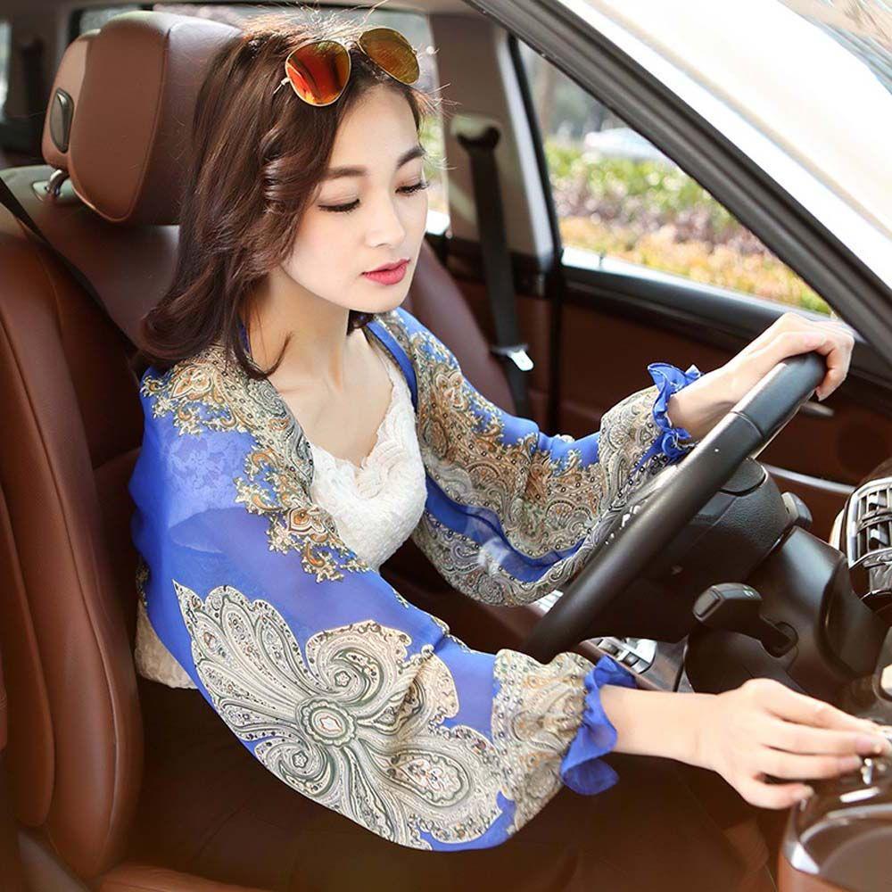 Anti-UV Summer Outdoor Riding Women Floral Fashion Chiffon Arm Sleeve Shawl Sun Sleeve