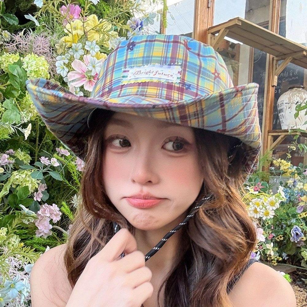 Sun Protection Plaid Fisherman Hat Wide Brim Sunscreen Bucket Hat Portable Women Sun Hat Riding