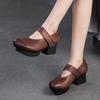 Versatile Pumps Genuine Leather Heels Retro Round Toe Shallow Women's Shoes