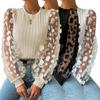Women Shirt See-through Mesh Flower Applique Round Neck Long Sleeve Solid Color Pullovern Soft Patchwork Twist Texture OL Commut