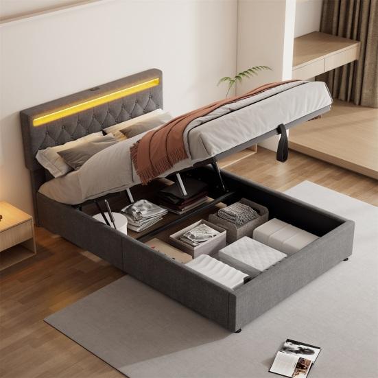 Sleeping Bed 140x200CM Platform with LED Ambient Light 24-Button Remote Control USB Type-C Charging Port Bedroom Double Modern White/Grey Large