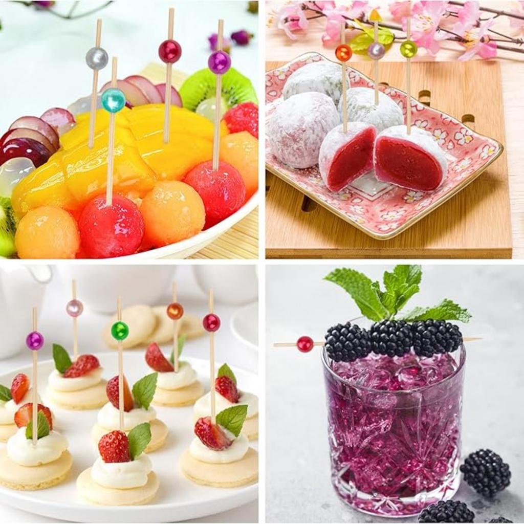 100 Counts Cocktail Picks, Fancy Toothpicks for Appetizers, Pearl Wooden Sticks for Party Supplies, Valentine's Day Food Picks for Party