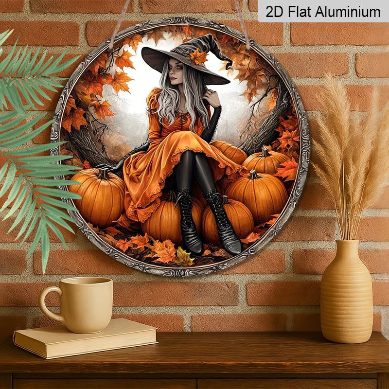2D Flat, 1pc Pumpkin Witch Themed Round Metal Decorative Sign, Durable Aluminum Indoor Outdoor Decor for Bar Kitchen Cafe Home Office Decoration