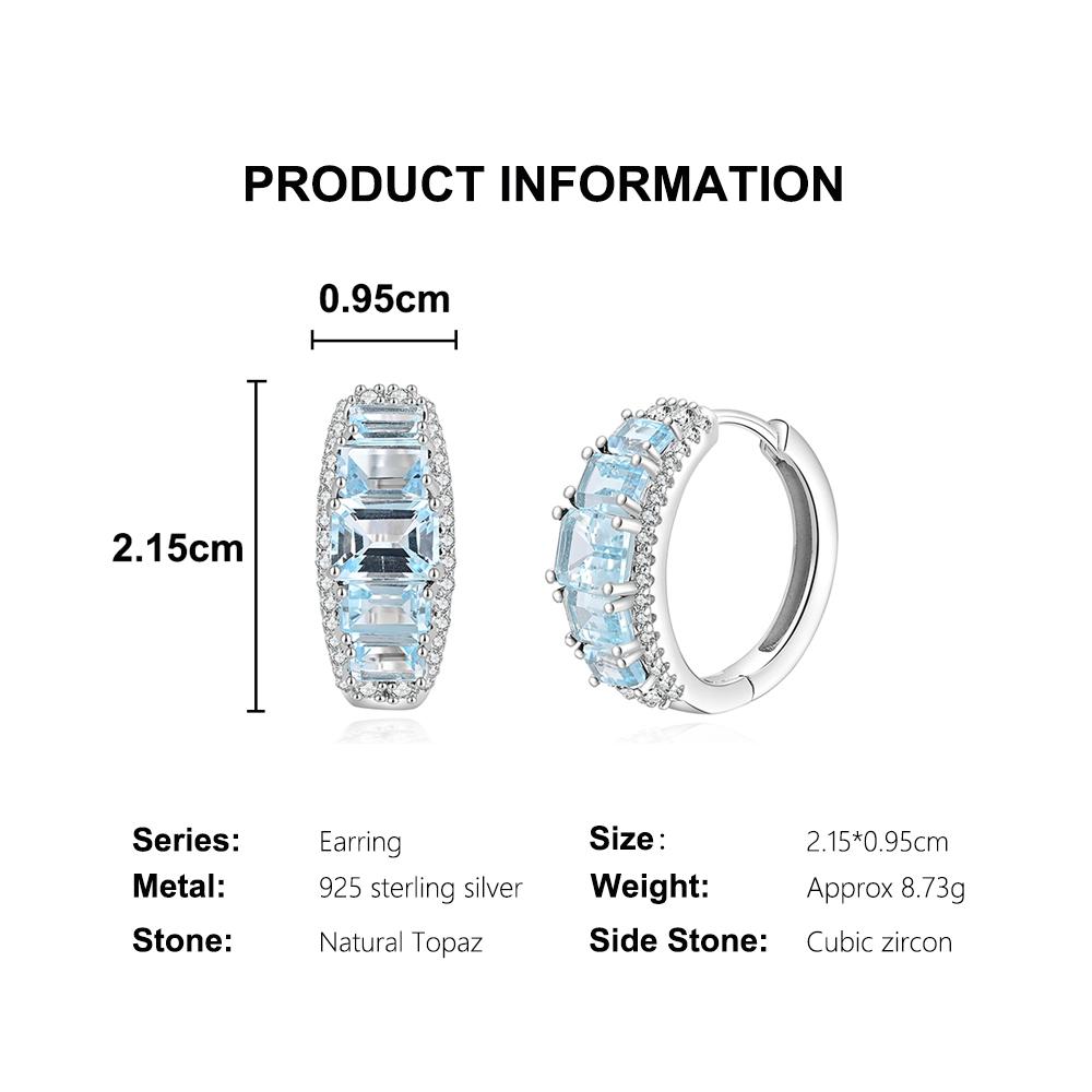 Simple Natural Octagonal Sky Blue Topaz Clasp Earrings 925 Sterling Silver Exquisite Fine Jewelry for Women's Anniversary Gifts