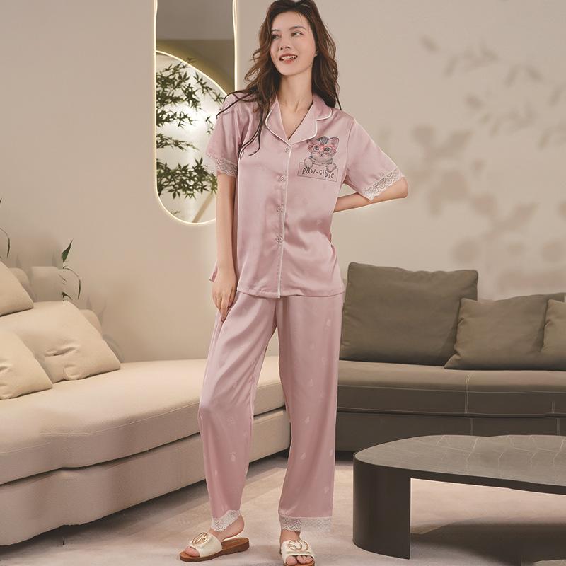 Ice silk pajamas women's thin summer new short-sleeved trousers set simple Korean version loose high-end spring and autumn women