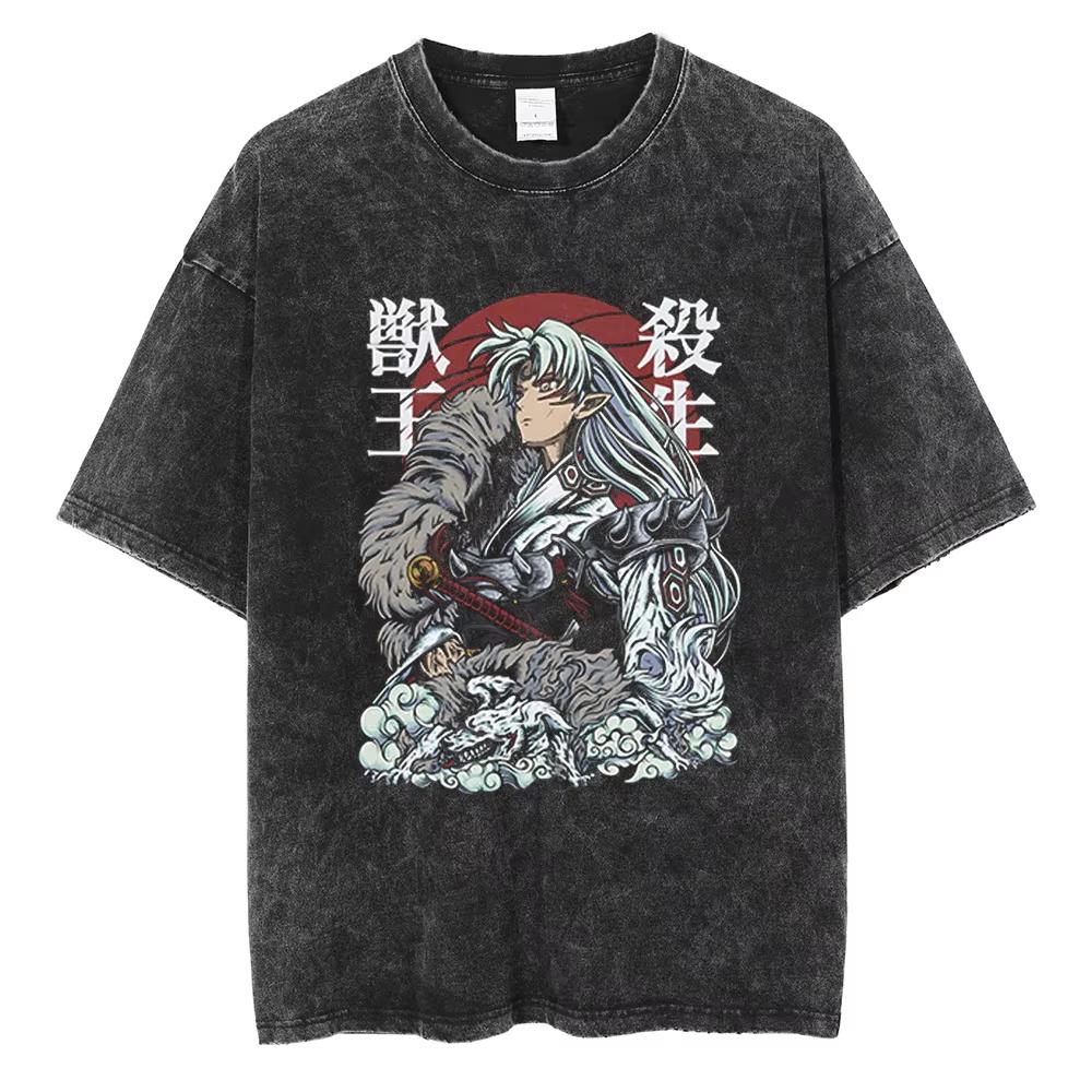 Classic Anime Inuyasha Sesshoumaru Manga Graphic Print T-shirt Men Women Vintage Washed Crewneck Cotton Loose Casual Oversized Top Summer New Tee