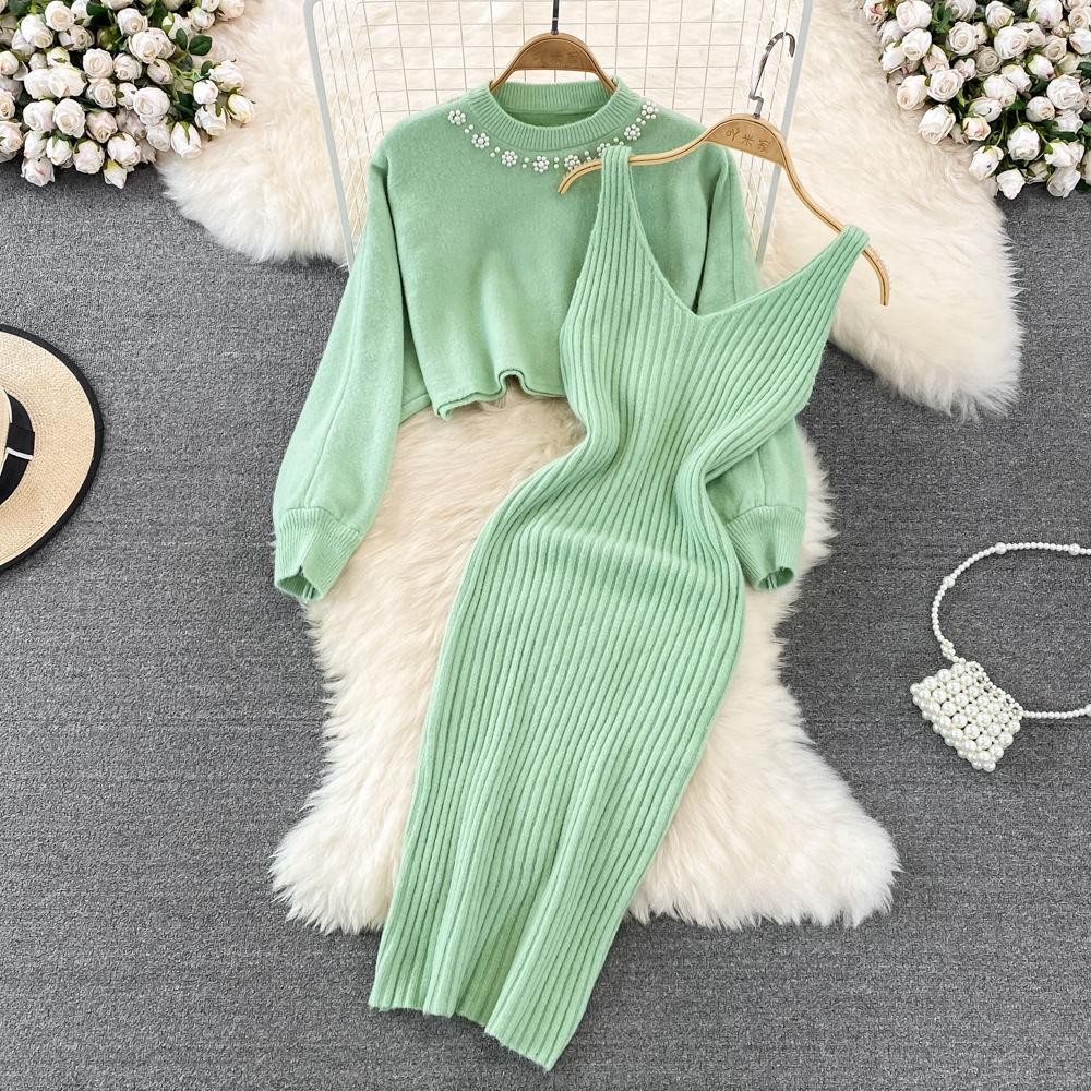 Celebrity Style Round Neck Beaded High Waist Short Open Bellybutton Sweater Two Piece Spicy Girls Knitted Tank Top Dress Women