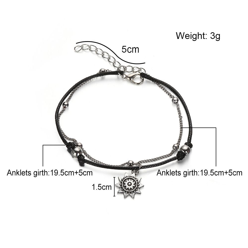 Vintage Fashion Leather Multi Layer Women Anklets Sun Pendant Beads Charm Foot Chain