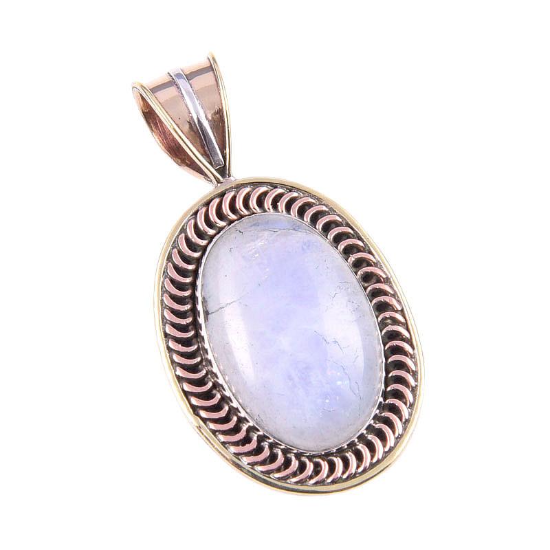 Natural Rainbow Moonstone Gemstone 925 Solid Silver Two Tone Pendant 1.50" K5Q91