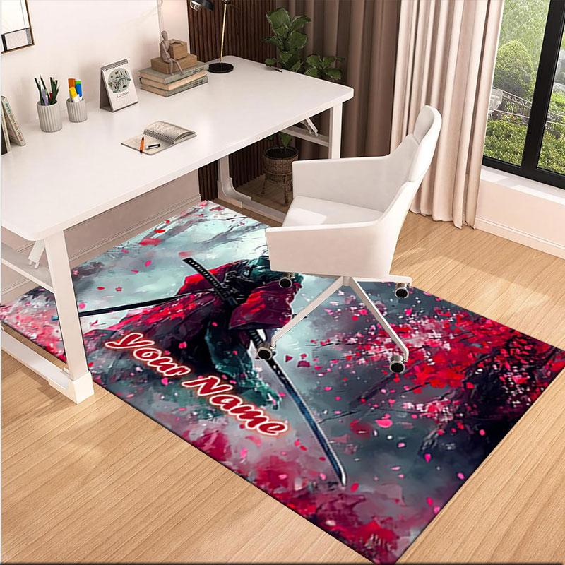 1PC Custom Name Samurai Cherry Blossom Rain Theme Floor Mat Ideal for Living Room, Game Rooms, Office, Bedroom,Floor Mat Playful Design