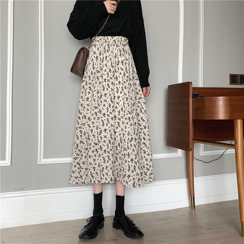 Vintage Floral Print A-line Long Skirts Summer Women Korean Skirt Streetwear Drawstring Elastic Waist Midi Skirt