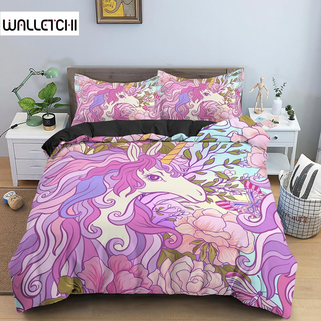 Пододеяльник с единорогом King Queen Комплект постельного белья с изображением животных из мультфильмов для детей и подростков, взрослых, милые белые волшебные существа, полиэстеровый пододеяльник