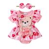 Baby Girl Floral Romper Dress Bear Patch Ruffle Short Sleeve Bodysuit with Bow Headband 2 Piece Summer Outfit