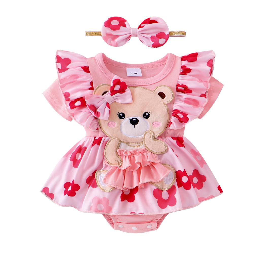 Baby Girl Floral Romper Dress Bear Patch Ruffle Short Sleeve Bodysuit with Bow Headband 2 Piece Summer Outfit