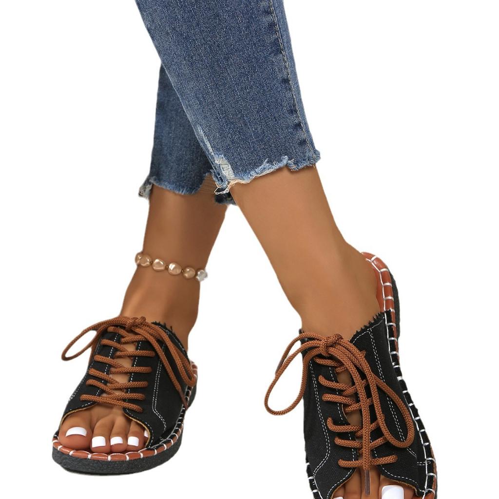 2025 Summer New Open-toed Slippers Women's Fashion Flat-bottomed Cross-lace Car Line Beach Fisherman Sandals Women