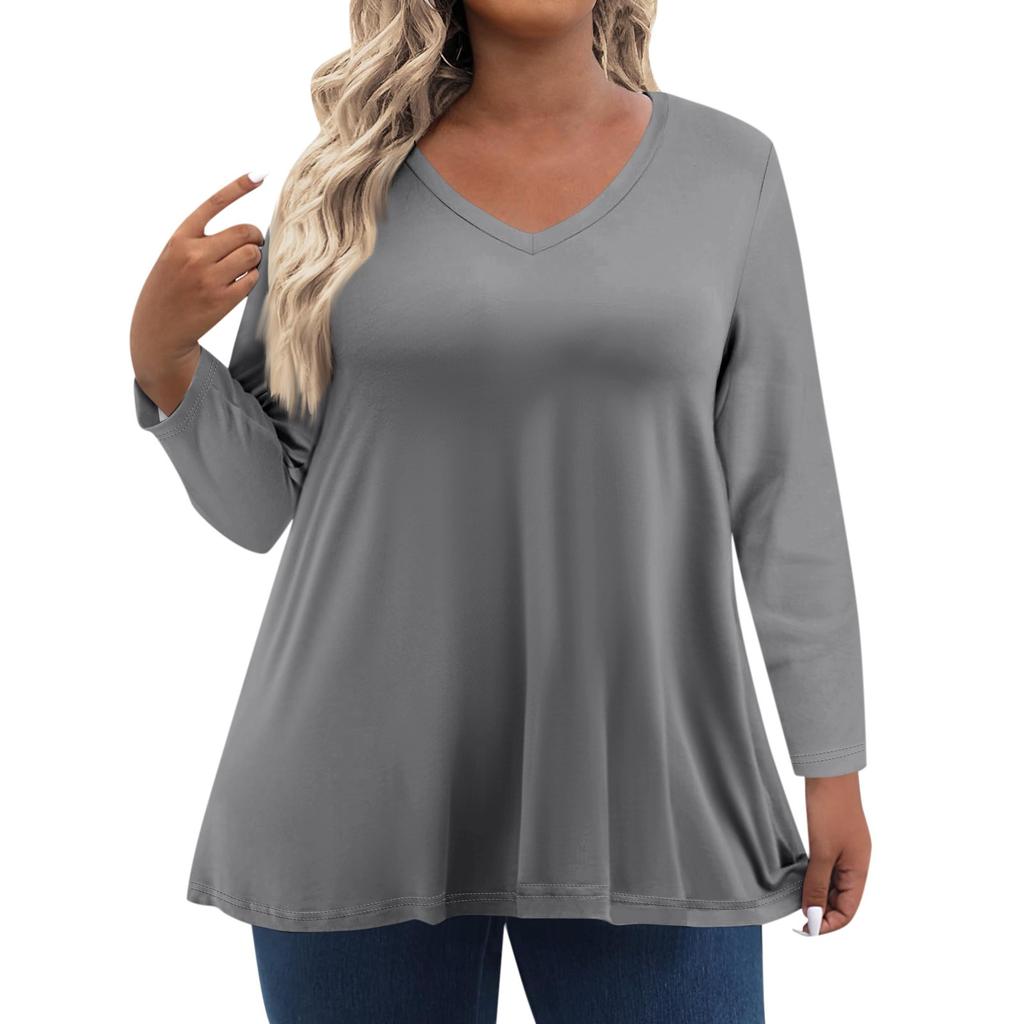 Womens Plus Size Tops Long Sleeve Shirts V Neck Casual Clothing Clothes Solid Color Tops