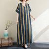 2025 Plus Size Summer Women Long Dress Oversized Vintage Casual V-Neck Basic Loose Stripe Dress