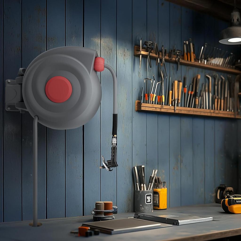 Выдвижная катушка для воздушного шланга 3/8 дюйма Катушка для воздушного шланга с пистолетом для продувки воздухом Фиксация любой длины Катушка для шланга воздушного компрессора Поворотное на 180° настенное крепление