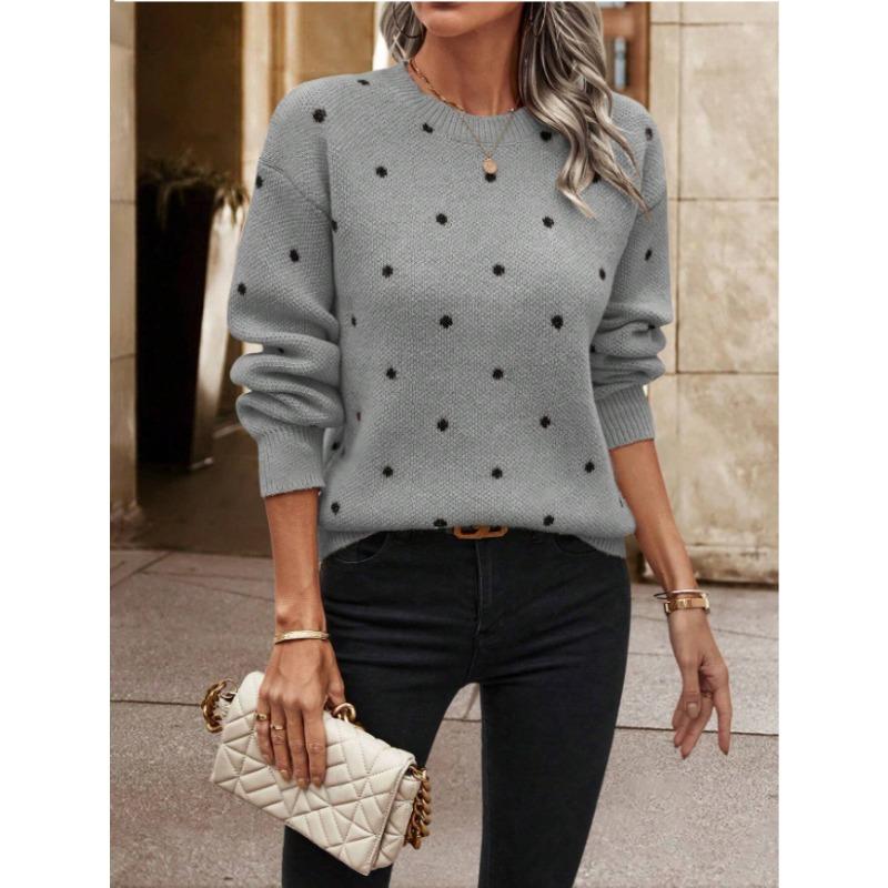 Women S Long Sleeve Crew Neck Pullover Sweater Polka Dot Jacquard Knit