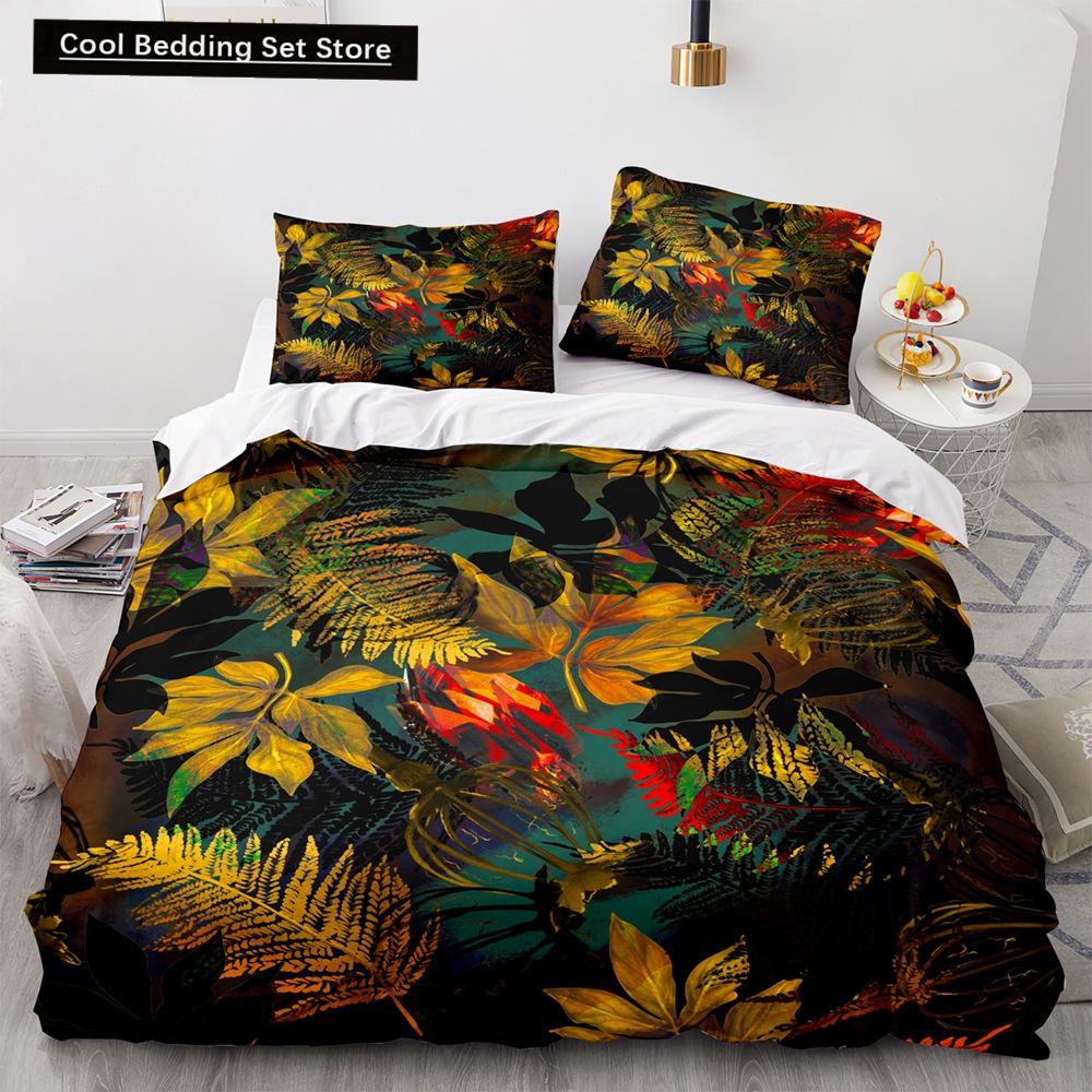Тропические растения Цветочный пододеяльник King Queen Комплект постельного белья с зелеными пальмовыми листьями Кремовые цветы 2/3 шт. Полиэстеровый пододеяльник
